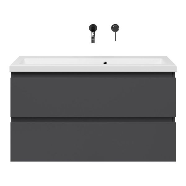 Bellanti Secca/Amelia ondiep badmeubel 100x36 2 softclose laden antraciet mat greeploos keramische wastafel mat wit zonder kraangaten