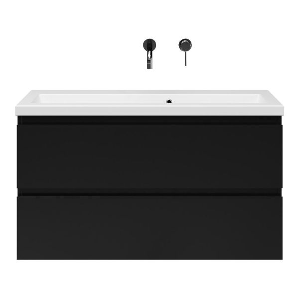 Bellanti Secca/Amelia ondiep badmeubel 100x36 2 softclose laden zwart mat greeploos keramische wastafel mat wit zonder kraangaten