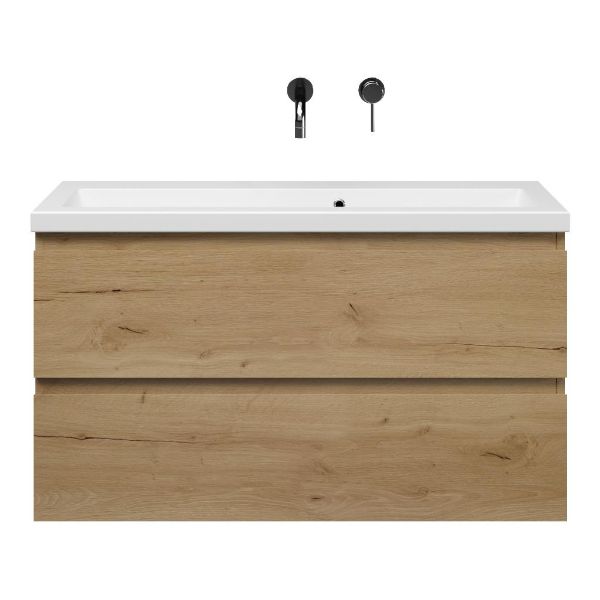 Bellanti Secca/Amelia ondiep badmeubel 100x36 2 softclose laden eiken natuur greeploos keramische wastafel mat wit zonder kraangaten
