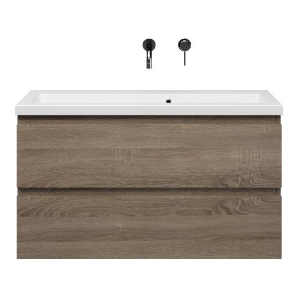 Bellanti Secca/Amelia ondiep badmeubel 100x36 2 softclose laden donker eiken greeploos keramische wastafel mat wit zonder kraangaten