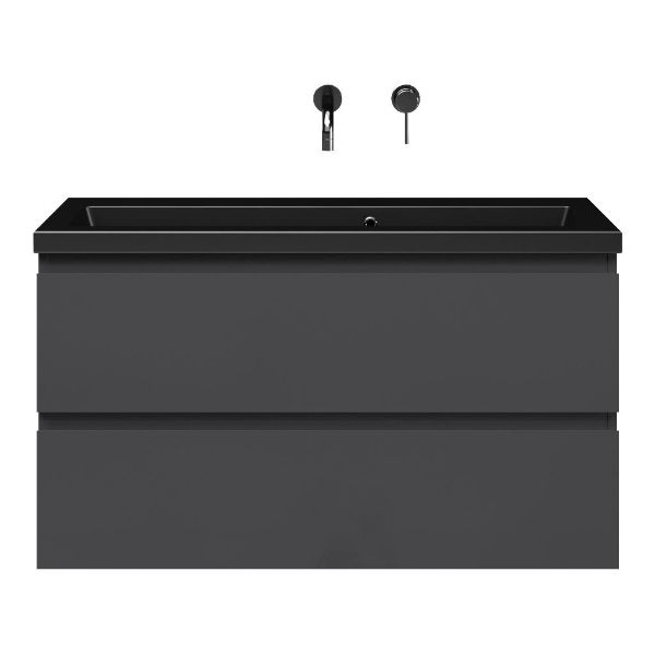 Bellanti Secca/Amelia ondiep badmeubel 100x36 2 softclose laden antraciet hoogglans greeploos keramische wastafel mat zwart zonder kraangaten