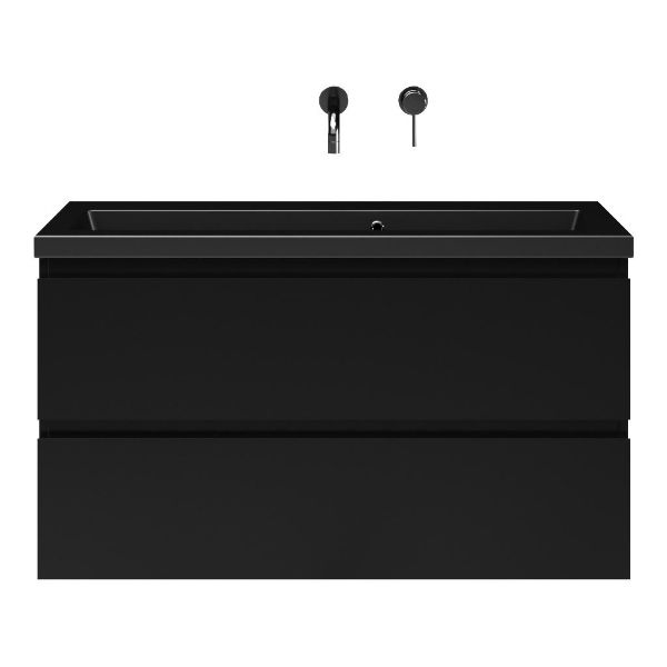 Bellanti Secca/Amelia ondiep badmeubel 100x36 2 softclose laden zwart mat greeploos keramische wastafel mat zwart zonder kraangaten