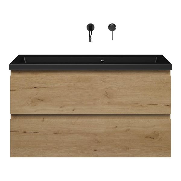 Bellanti Secca/Amelia ondiep badmeubel 100x36 2 softclose laden eiken natuur greeploos keramische wastafel mat zwart zonder kraangaten
