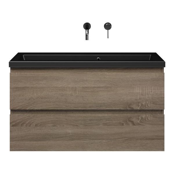 Bellanti Secca/Amelia ondiep badmeubel 100x36 2 softclose laden donker eiken greeploos keramische wastafel mat zwart zonder kraangaten