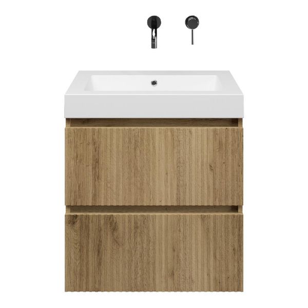 Bellanti Silvan/Esta-Q badmeubel 60x46 2 softclose laden met ribbel - latjes structuur warm eiken greeploos quartz wastafel mat wit zonder kraangaten