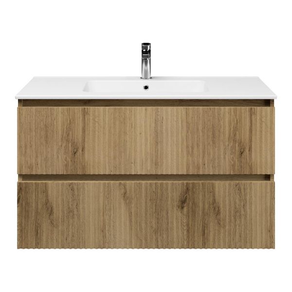 Bellanti Silvan/Quadra badmeubel 100x46 2 softclose laden met ribbel - latjes structuur warm eiken greeploos keramische wastafel wit met 1 kraangat