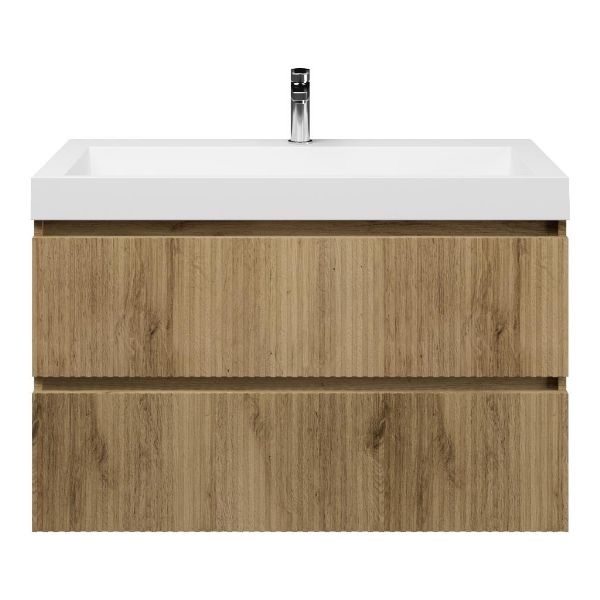 Bellanti Silvan/Renzo badmeubel 100x46 2 softclose laden met ribbel - latjes structuur warm eiken greeploos polystone wastafel wit met 1 kraangat