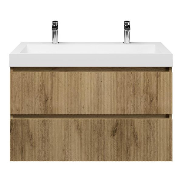 Bellanti Silvan/Renzo badmeubel 100x46 2 softclose laden met ribbel - latjes structuur warm eiken greeploos polystone wastafel wit met 2 kraangaten