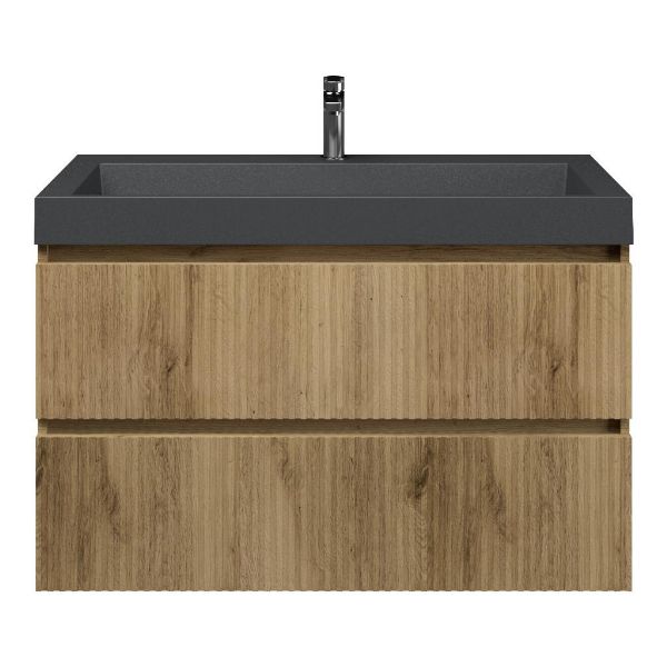 Bellanti Silvan/Renzo badmeubel 100x46 2 softclose laden met ribbel - latjes structuur warm eiken greeploos polystone wastafel mat grijs met 1 kraangat