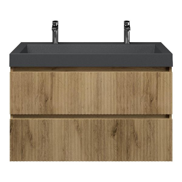 Bellanti Silvan/Renzo badmeubel 100x46 2 softclose laden met ribbel - latjes structuur warm eiken greeploos polystone wastafel mat grijs met 2 kraangaten