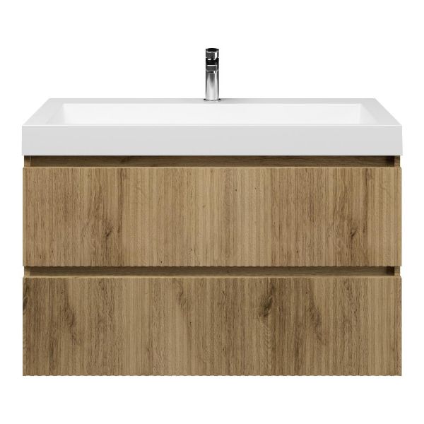 Bellanti Silvan/Renzo-q badmeubel 100x46 2 softclose laden met ribbel - latjes structuur warm eiken greeploos quartz wastafel mat wit met 1 kraangat
