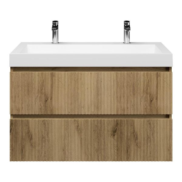 Bellanti Silvan/Renzo badmeubel 100x46 2 softclose laden met ribbel - latjes structuur warm eiken greeploos polystone wastafel mat wit met 2 kraangaten