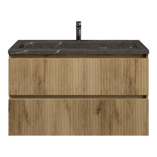 Bellanti Silvan/Square badmeubel 100x46 2 softclose laden met ribbel - latjes structuur warm eiken greeploos natuursteen wastafel blue stone met 1 kraangat