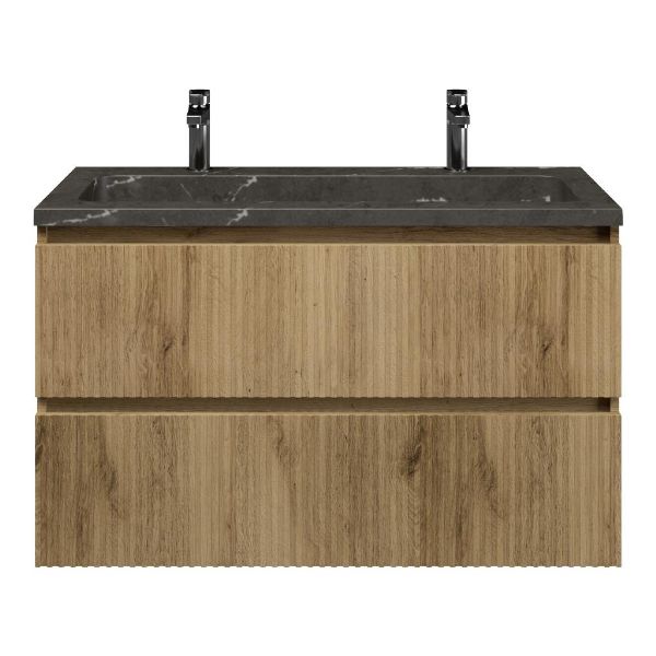 Bellanti Silvan/Square badmeubel 100x46 2 softclose laden met ribbel - latjes structuur warm eiken greeploos natuursteen wastafel blue stone met 2 kraangaten
