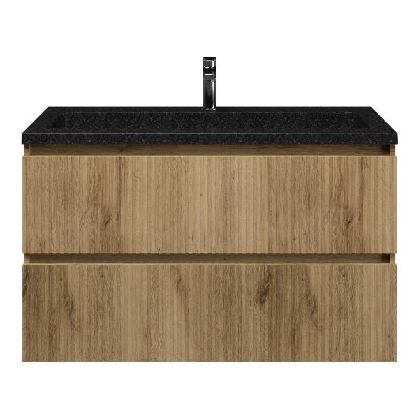 Bellanti Silvan/Square badmeubel 100x46 2 softclose laden met ribbel - latjes structuur warm eiken greeploos natuursteen wastafel shanxi black met 1 kraangat