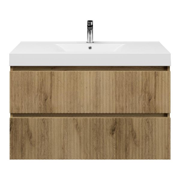 Bellanti Silvan/Wave badmeubel 100x46 2 softclose laden met ribbel - latjes structuur warm eiken greeploos polystone wastafel wit met 1 kraangat