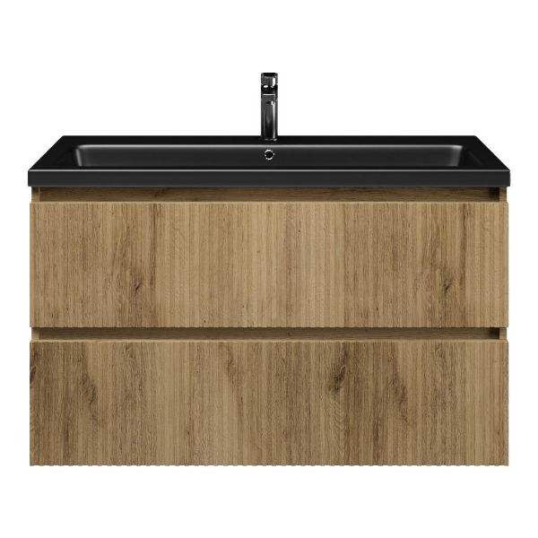 Bellanti Silvan/Amelia badmeubel 100x46 2 softclose laden met ribbel - latjes structuur warm eiken greeploos keramische wastafel zwart mat met 1 kraangat