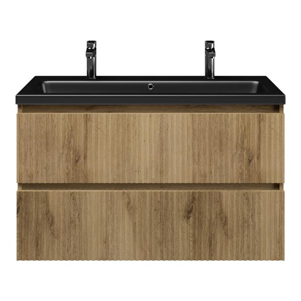 Bellanti Silvan/Amelia badmeubel 100x46 2 softclose laden met ribbel - latjes structuur warm eiken greeploos keramische wastafel zwart mat met 2 kraangaten