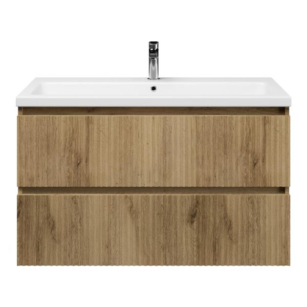 Bellanti Silvan/Amelia badmeubel 100x46 2 softclose laden met ribbel - latjes structuur warm eiken greeploos keramische wastafel wit glans met 1 kraangat