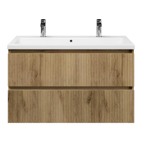 Bellanti Silvan/Amelia badmeubel 100x46 2 softclose laden met ribbel - latjes structuur warm eiken greeploos keramische wastafel wit glans met 2 kraangaten
