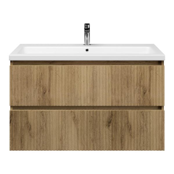 Bellanti Silvan/Amelia badmeubel 100x46 2 softclose laden met ribbel - latjes structuur warm eiken greeploos keramische wastafel wit mat met 1 kraangat