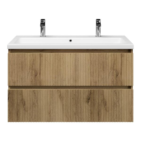 Bellanti Silvan/Amelia badmeubel 100x46 2 softclose laden met ribbel - latjes structuur warm eiken greeploos keramische wastafel wit mat met 2 kraangaten