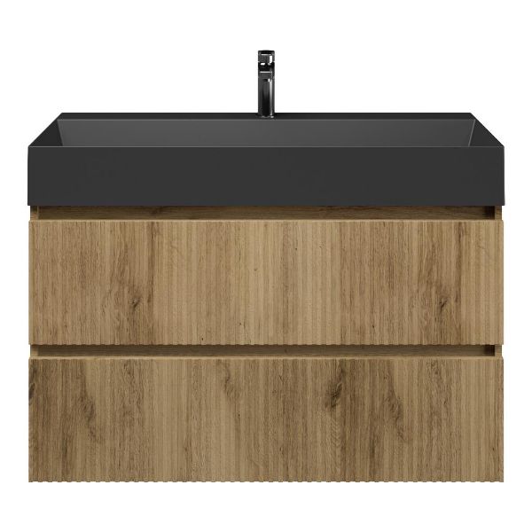 Bellanti Silvan/Azzurra badmeubel 100x46 2 softclose laden met ribbel - latjes structuur warm eiken greeploos keramische wastafel zwart mat met 1 kraangat