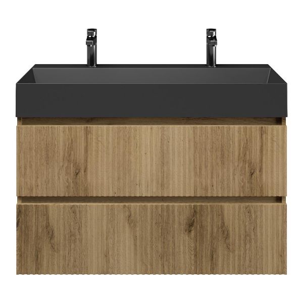 Bellanti Silvan/Azzurra badmeubel 100x46 2 softclose laden met ribbel - latjes structuur warm eiken greeploos keramische wastafel zwart mat met 2 kraangaten