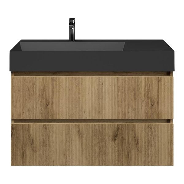 Bellanti Silvan/Azzurra badmeubel 100x46 2 softclose laden met ribbel - latjes structuur warm eiken greeploos keramische wastafel links zwart mat met 1 kraangat