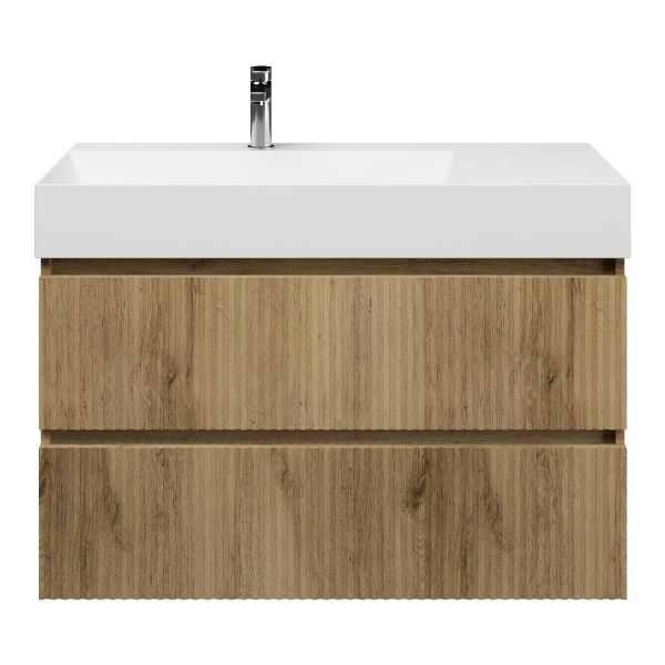 Bellanti Silvan/Azzurra badmeubel 100x46 2 softclose laden met ribbel - latjes structuur warm eiken greeploos keramische wastafel links wit glans met 1 kraangat