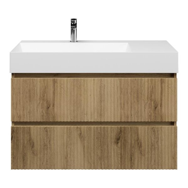 Bellanti Silvan/Azzurra badmeubel 100x46 2 softclose laden met ribbel - latjes structuur warm eiken greeploos keramische wastafel links wit mat met 1 kraangat