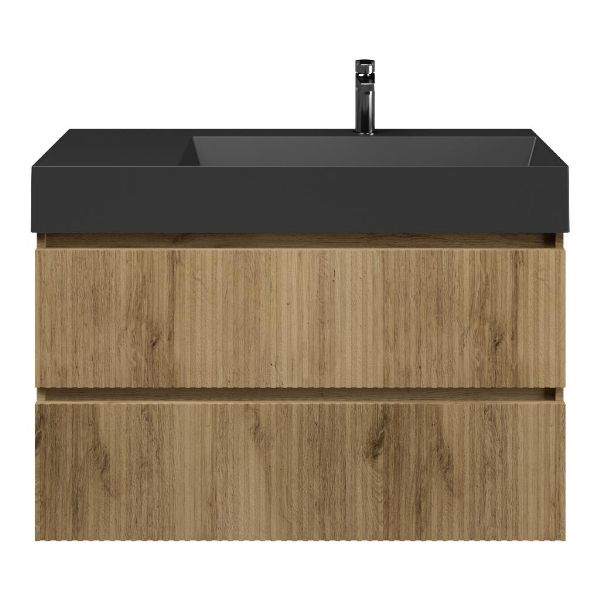 Bellanti Silvan/Azzurra badmeubel 100x46 2 softclose laden met ribbel - latjes structuur warm eiken greeploos keramische wastafel rechts zwart mat met 1 kraangat