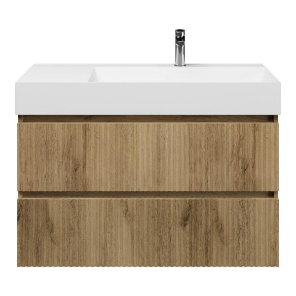 Bellanti Silvan/Azzurra badmeubel 100x46 2 softclose laden met ribbel - latjes structuur warm eiken greeploos keramische wastafel rechts wit glans met 1 kraangat