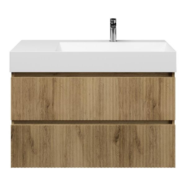 Bellanti Silvan/Azzurra badmeubel 100x46 2 softclose laden met ribbel - latjes structuur warm eiken greeploos keramische wastafel rechts wit mat met 1 kraangat