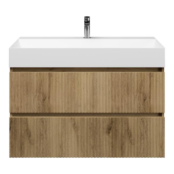 Bellanti Silvan/Azzurra badmeubel 100x46 2 softclose laden met ribbel - latjes structuur warm eiken greeploos keramische wastafel wit mat met 1 kraangat