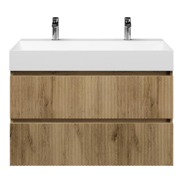 Bellanti Silvan/Azzurra badmeubel 100x46 2 softclose laden met ribbel - latjes structuur warm eiken greeploos keramische wastafel wit mat met 2 kraangaten