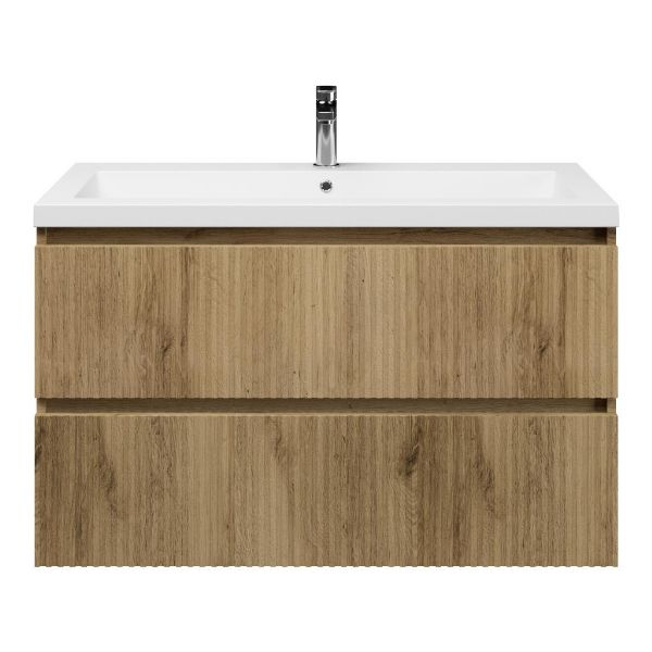 Bellanti Silvan/Esta badmeubel 100x46 2 softclose laden met ribbel - latjes structuur warm eiken greeploos polystone wastafel wit met 1 kraangat