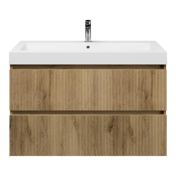 Bellanti Silvan/Esta badmeubel 100x46 2 softclose laden met ribbel - latjes structuur warm eiken greeploos polystone wastafel wit met 1 kraangat