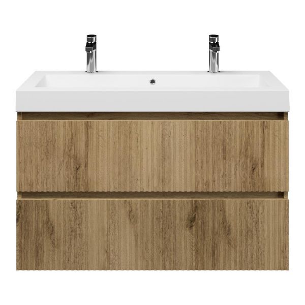 Bellanti Silvan/Esta badmeubel 100x46 2 softclose laden met ribbel - latjes structuur warm eiken greeploos polystone wastafel wit met 2 kraangaten