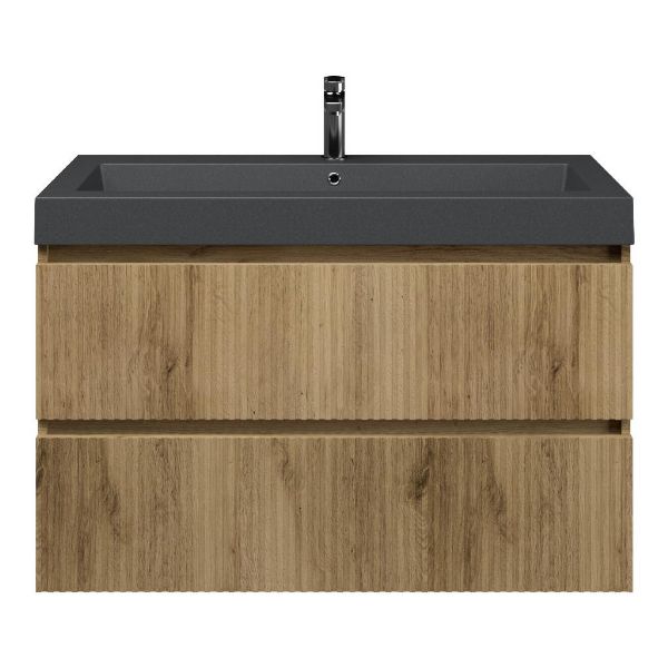 Bellanti Silvan/Esta-Q badmeubel 100x46 2 softclose laden met ribbel - latjes structuur warm eiken greeploos quartz wastafel mat grijs met 1 kraangat