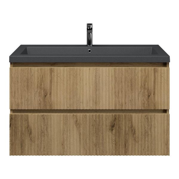 Bellanti Silvan/Esta-Q badmeubel 100x46 2 softclose laden met ribbel - latjes structuur warm eiken greeploos quartz wastafel mat grijs met 1 kraangat