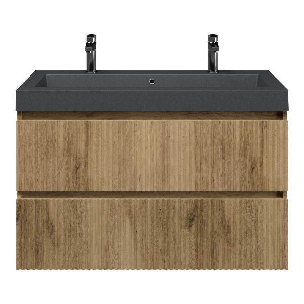 Bellanti Silvan/Esta-Q badmeubel 100x46 2 softclose laden met ribbel - latjes structuur warm eiken greeploos quartz wastafel mat grijs met 2 kraangaten