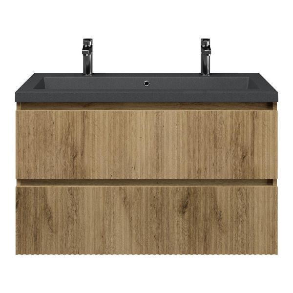 Bellanti Silvan/Esta-Q badmeubel 100x46 2 softclose laden met ribbel - latjes structuur warm eiken greeploos quartz wastafel mat grijs met 2 kraangaten