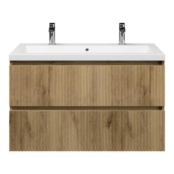 Bellanti Silvan/Esta badmeubel 100x46 2 softclose laden met ribbel - latjes structuur warm eiken greeploos wastafel polystone mat wit met 2 kraangaten
