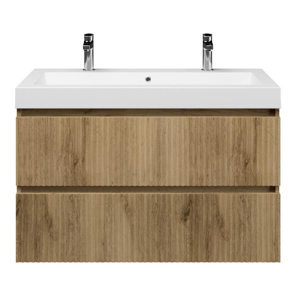 Bellanti Silvan/Esta-Q badmeubel 100x46 2 softclose laden met ribbel - latjes structuur warm eiken greeploos quartz wastafel mat wit met 2 kraangaten