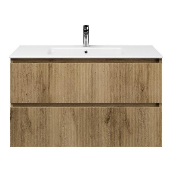 Bellanti Silvan/Etna badmeubel 100x46 2 softclose laden met ribbel - latjes structuur warm eiken greeploos keramische wastafel wit met 1 kraangat