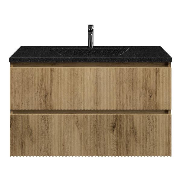 Bellanti Silvan/Faro Stone badmeubel 100x46 2 softclose laden met ribbel - latjes structuur warm eiken greeploos natuursteen wastafel blue stone met 1 kraangat