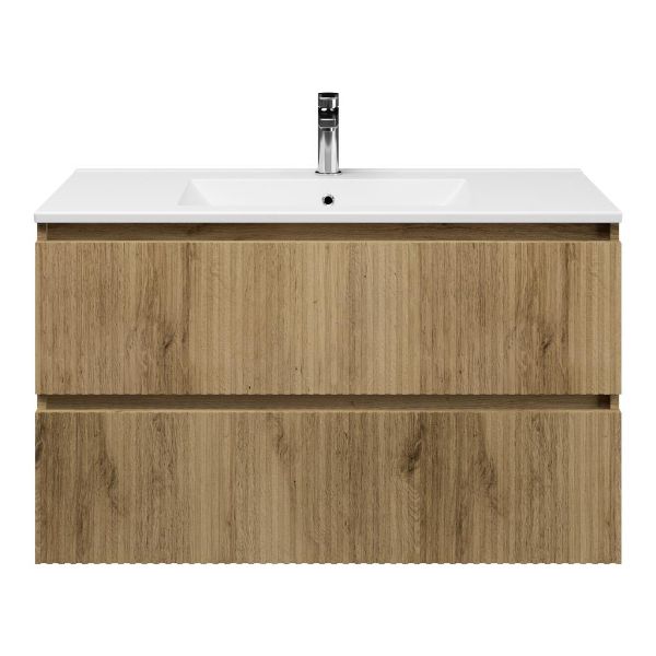 Bellanti Silvan/Faro badmeubel 100x46 2 softclose laden met ribbel - latjes structuur warm eiken greeploos keramische wastafel wit met 1 kraangat