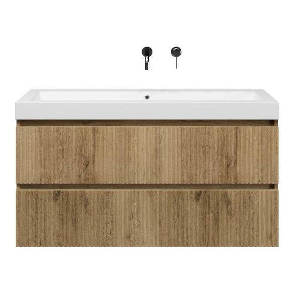 Bellanti Silvan/Esta-Q badmeubel 120x46 2 softclose laden met ribbel - latjes structuur warm eiken greeploos quartz wastafel mat wit zonder kraangaten