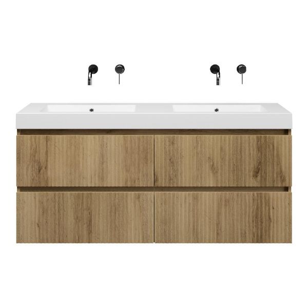Bellanti Silvan/Esta-Q badmeubel 140x46 4 softclose laden met ribbel - latjes structuur warm eiken greeploos quartz wastafel dubbel mat wit zonder kraangaten